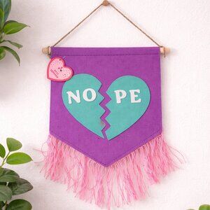 NOPE Wall Pennant Broken Heart Felt Banner Purple Home Décor 9.5 x 8